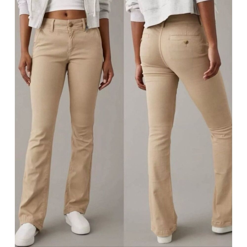 american eagle kick boot stretch khaki tan pants mid rise women’s 16 short